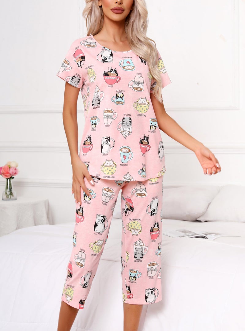 PNAEONG Womenâ€™s Pajama Set - Sleepwear Tops with Capri Pants Casual and Fun Prints Pajama Sets SY215-Cup Cats-S - Image 3